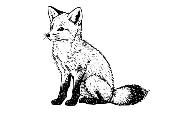 Fox Duduk Tangan Menggambar Sketsa Tinta Ilustrasi Vektor Gaya Ukiran - Stok Vektor
