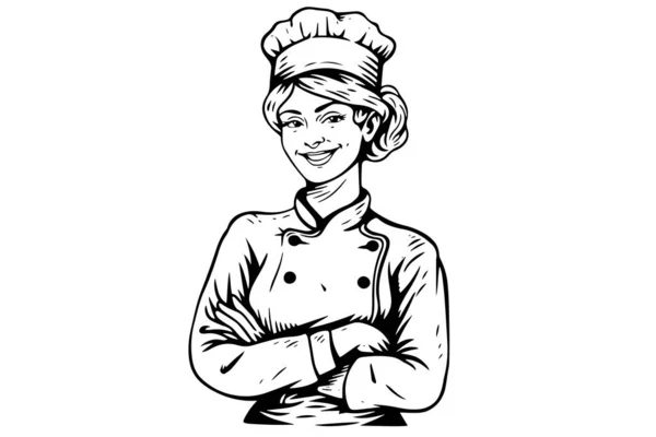 Esbozo Tinta Chef Mujer Sonriente Estilo Grabado Dibujo Ilustración Joven — Vector de stock