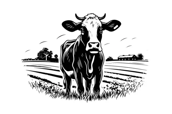 Vache Sur Paysage Rural Croquis Encre Dessiné Main Illustration Vectorielle — Image vectorielle