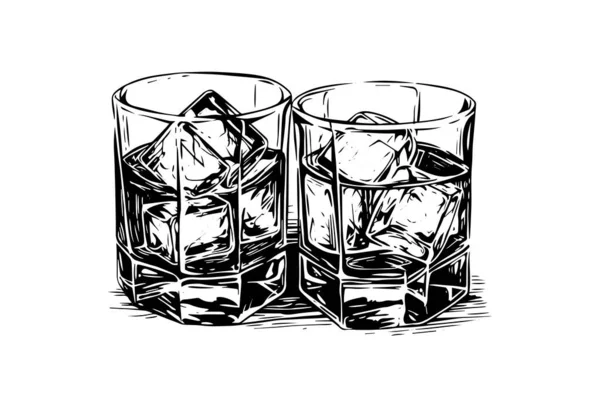 Vaso Whisky Bourbon Dibujado Mano Boceto Grabado Estilo Vector Ilustración — Vector de stock
