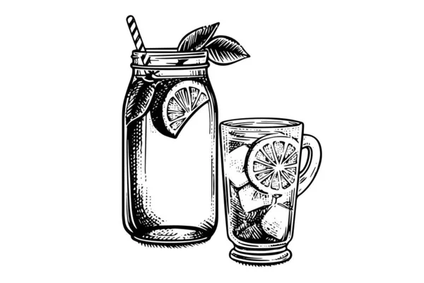 Jarra Agua Con Limón Dibujado Mano Grabado Estilo Vector Ilustración — Archivo Imágenes Vectoriales