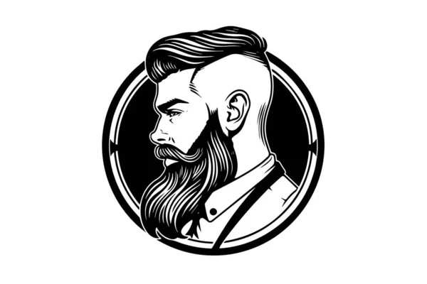 Hand Drawn Portrait Bearded Man Profile Hipster Ink Sketch Logotype — Stock Vector