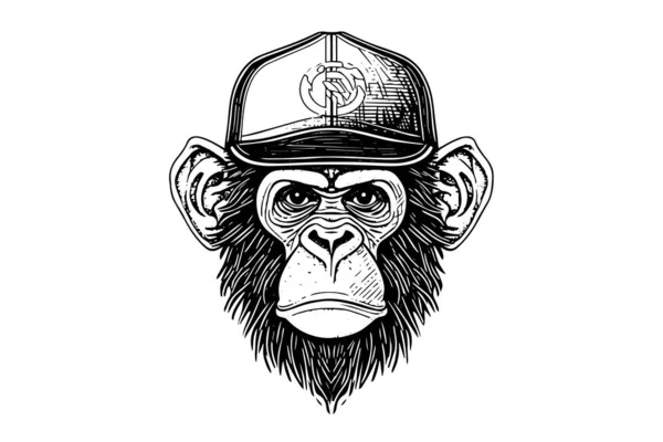 Głowa Małpy Czapce Ręcznie Rysowane Wektor Ilustracja Szkicu Grawerowania Stylu — Wektor stockowy