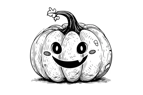 Halloween Zucca Testa Mascotte Incisione Inchiostro Schizzo Mano Disegnato Vettoriale — Vettoriale Stock