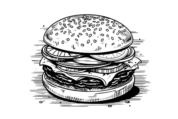 Burger Gravyr Stil Konst Handritad Vektor Illustration Hamburgare — Stock vektor