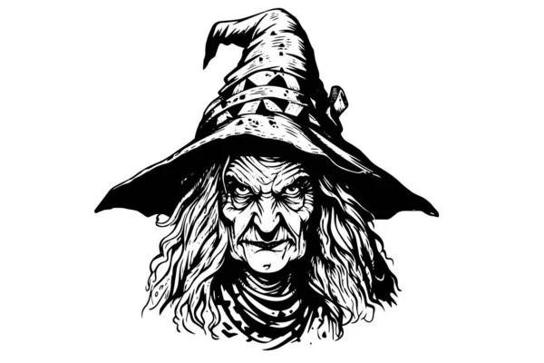 Witch Halloween Oude Vrouw Hand Getekend Inkt Schets Graveren Stijl — Stockvector