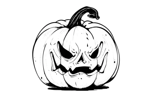 Halloween Cabeza Calabaza Mascota Grabado Tinta Boceto Mano Dibujado Vector — Vector de stock