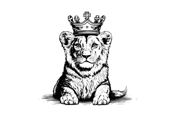 Λιοντάρι Μωρό Στο Στέμμα Χειροποίητη Απεικόνιση Για Τατουάζ Λογότυπο Σχέδιο — Διανυσματικό Αρχείο