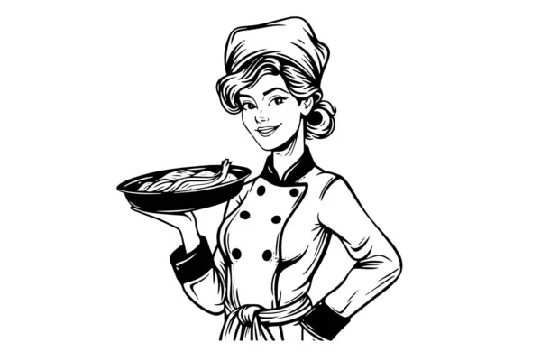 Smiley Woman Chef Ink Sketch Engraving Style Drawing Young Female — Stock Vector