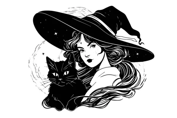 Strega Halloween Donna Con Gatto Nero Disegnato Mano Inchiostro Schizzo — Vettoriale Stock