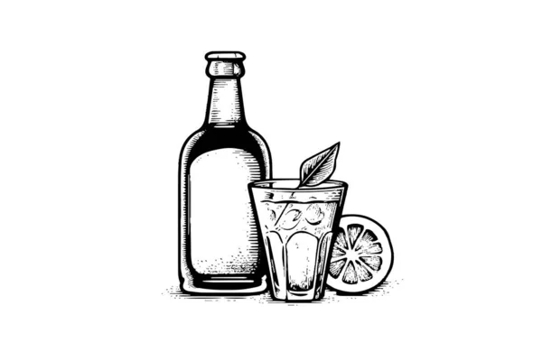 Бутылка Соды Стеклом Лимоном Чернильный Эскиз Лимонада Выделен Белом Фоне — стоковый вектор