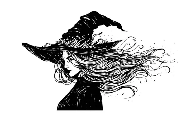 Witch Halloween Woman Hand Drawn Ink Sketch Engraving Style Vector — Stock Vector