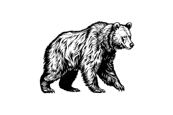 Bear Sidovy Logotyp Vektor Gravyr Stil Illustration — Stock vektor