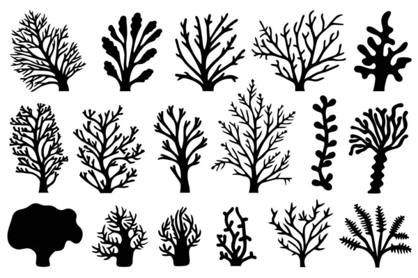 白い背景に隔離されたサンゴと海藻のシルエットの手描きセット ベクトルアイコンとスタンプイラスト — ストックベクタ