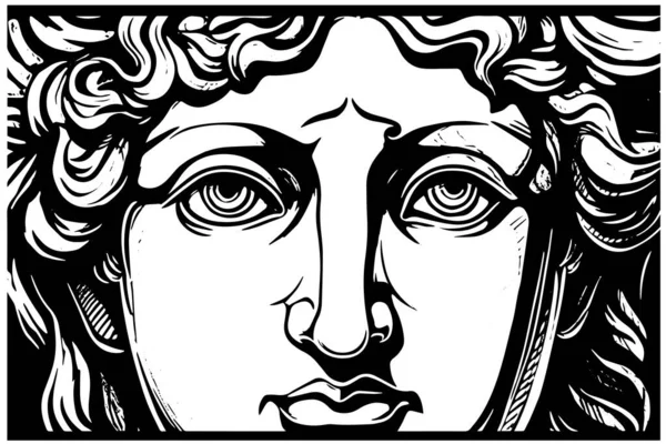 Pęknięty Posąg Twarz Greckiej Rzeźby Ręcznie Rysowane Szkic Stylu Grawerowania — Wektor stockowy