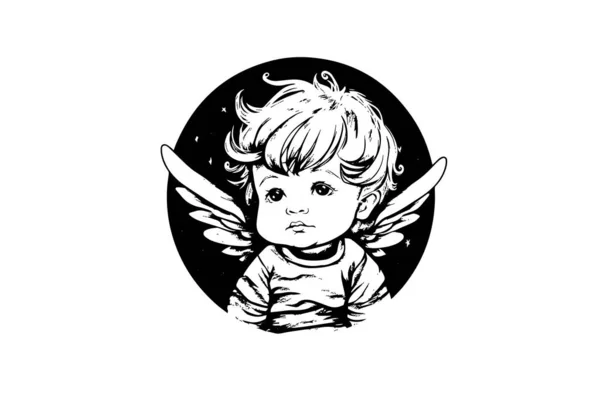 Маленький Ангел Логотип Векторного Ретро Стиля Гравировка Черно Белая Иллюстрация — стоковый вектор