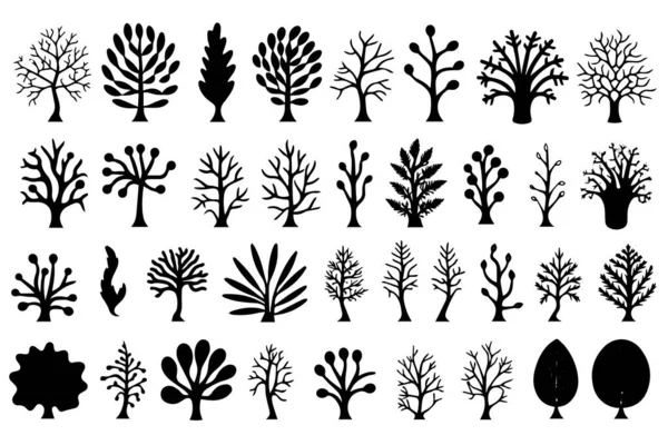 白い背景に隔離されたサンゴと海藻のシルエットの手描きセット ベクトルアイコンとスタンプイラスト — ストックベクタ