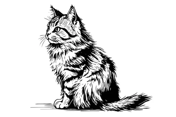 かわいい猫手描きインクスケッチ彫刻ヴィンテージスタイル ベクターイラスト — ストックベクタ