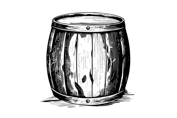 Wood Barrel Hand Drawn Sketch Engraving Style Vector Illustrations — Stock Vector