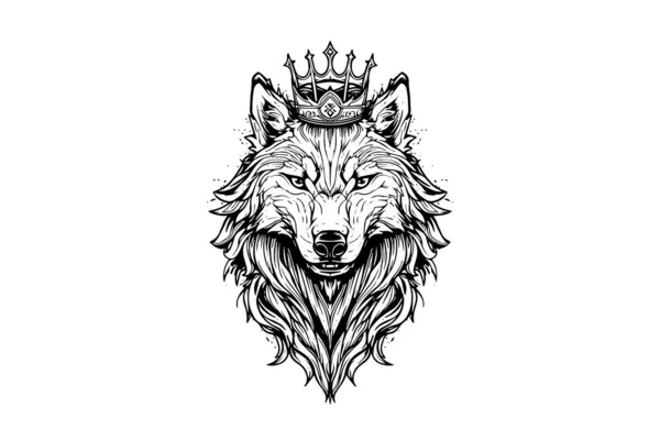 Wolf Head Crown Hand Drawn Ink Sketch Engraving Vintage Style — Stock Vector