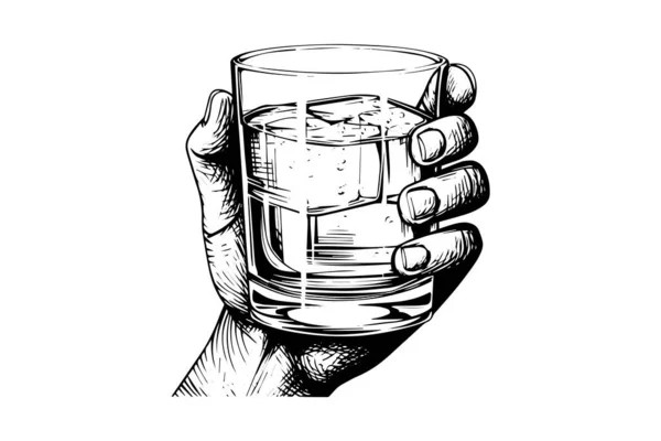 Whisky Sklo Ruce Kreslený Inkoust Náčrt Rytiny Styl Vektorové Ilustrace — Stockový vektor