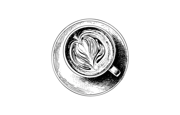 Una Tazza Cappuccino Piattino Con Cucchiaio Illustrazioni Vettoriali Disegnate Mano — Vettoriale Stock