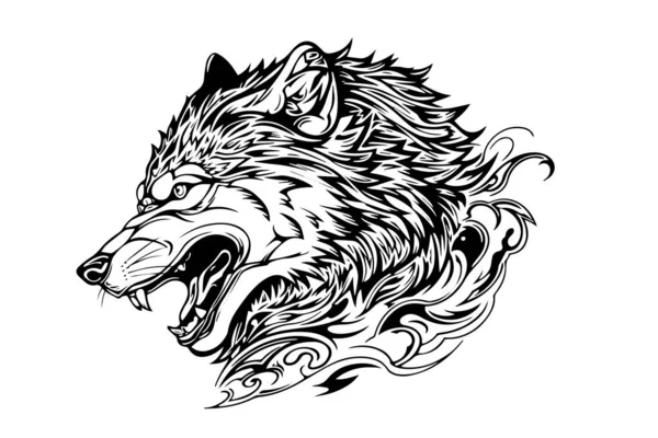 Kepala Serigala Marah Tangan Menggambar Sketsa Tinta Ilustrasi Vektor Gaya - Stok Vektor