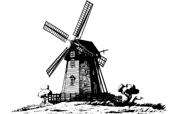 Γουίντμιλ Ζωγράφισε Ένα Παλιό Σκίτσο Εικονογράφηση Διανύσματος Στυλ Χάραξης — Διανυσματικό Αρχείο