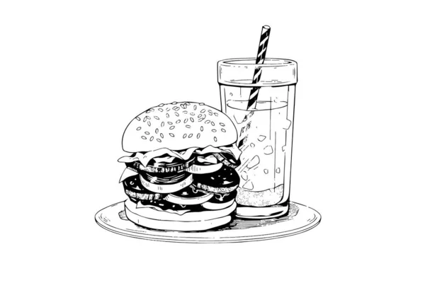 Burger Και Σόδα Χαρακτικής Τέχνης Στυλ Χειροποίητη Διανυσματική Απεικόνιση Χάμπουργκερ — Διανυσματικό Αρχείο