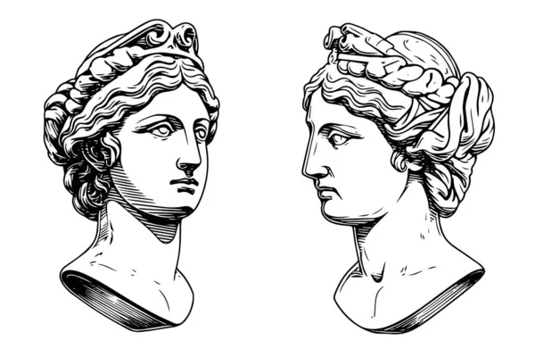 Capul Statuii Crăpate Sculpturii Grecești Desenate Manual Schiță Stil Gravură — Vector de stoc