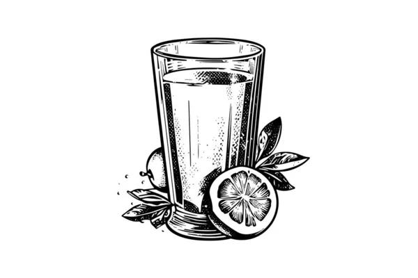 Beber Limonada Con Limón Menta Dibujado Mano Grabado Estilo Vector — Archivo Imágenes Vectoriales