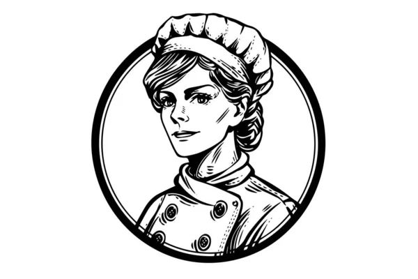 Boceto Tinta Chef Mujer Estilo Grabado Dibujo Ilustración Joven Vector — Archivo Imágenes Vectoriales