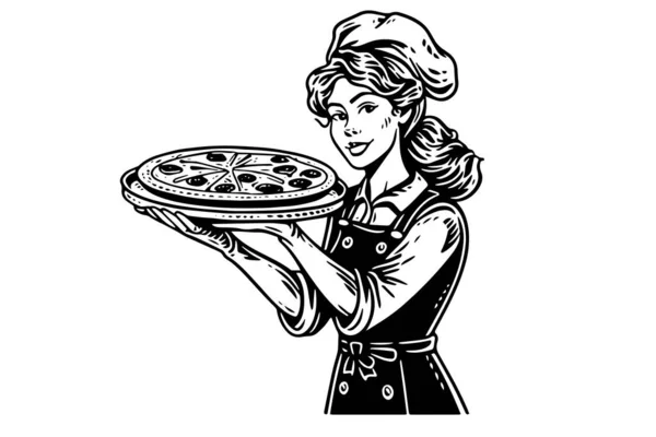 Kvinna Kock Med Pizza Bläck Skiss Gravyr Stil Ritning Unga — Stock vektor
