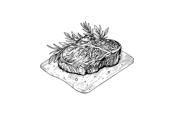 Steak Viande Sur Planche Bois Dessin Main Croquis Gravure Style — Image vectorielle