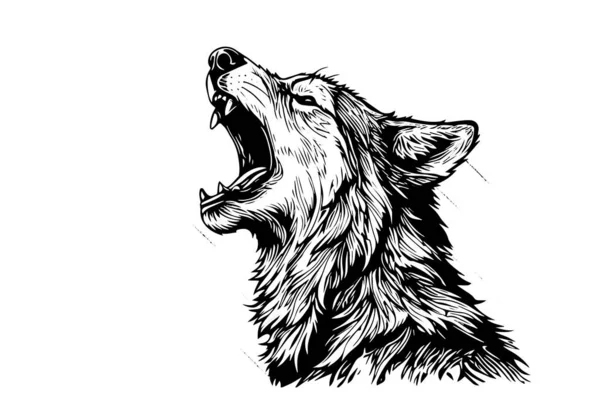 愤怒的狼头手绘了墨迹草图 雕刻家风格矢量插图 吉祥物 印刷品设计 — 图库矢量图片