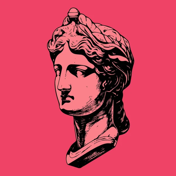 Cabeza Estatua Antigua Roja Escultura Griega Boceto Grabado Estilo Vector — Archivo Imágenes Vectoriales