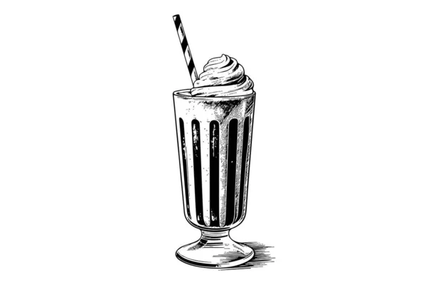 Σοκολάτα Milk Shake Σκίτσο Χάραξη Διάνυσμα Εικόνα Ασπρόμαυρη Απομονωμένη Σύνθεση — Διανυσματικό Αρχείο