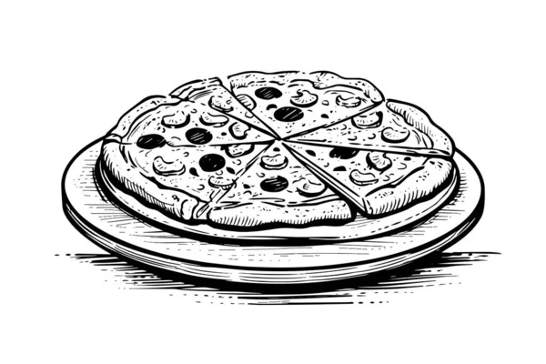 スライスされたピザのスケッチ手描きの彫刻様式ベクターのイラスト — ストックベクタ