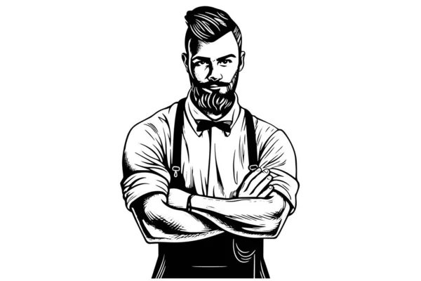 Ручной Портрет Бородатого Человека Скрещенными Руками Хипстерский Чернильный Рисунок Логотип — стоковый вектор