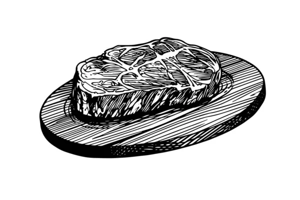 Steak Daging Papan Kayu Ilustrasi Vektor Gaya Gambar Tangan - Stok Vektor