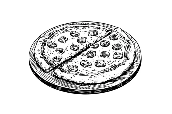 Ilustrasi Gambar Tangan Sketsa Pizza Yang Diiris Dengan Gaya Vektor - Stok Vektor