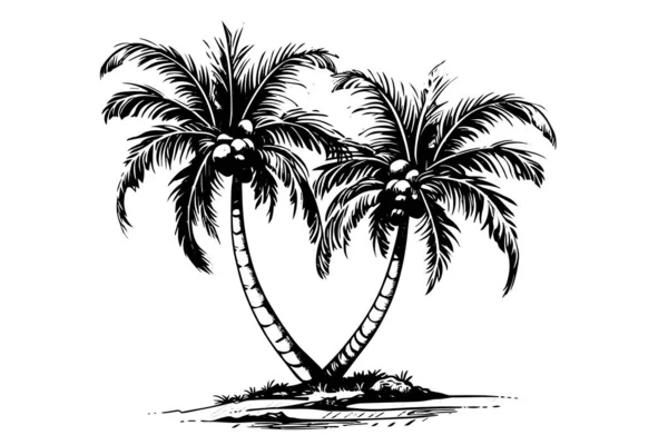 ココナッツの手描きのスケッチが付いているパームツリー インクシルエットベクターイラスト — ストックベクタ