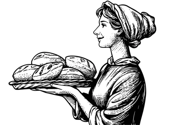 Elle Çizilmiş Kadın Fırıncının Çizimi Tepside Pişmiş Ekmek Oymalı Stil — Stok Vektör