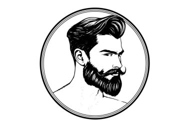 Profilde sakallı bir adamın portresi var. Hipster mürekkep skeci. Logotype vektör çizimi