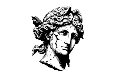 Çatlamış heykel başkanı Yunan heykeli çizimi oyma stili vektör illüstrasyonu