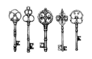 Viktorya dönemi anahtar koleksiyonu klasik illüstrasyon. Ortaçağ Gotik kilitleri kuruldu. Dekorasyon tasarımı için oyma biçiminde vektör tuşları