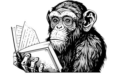 Monkey with books. Ink sketch engraving vector illustration clipart