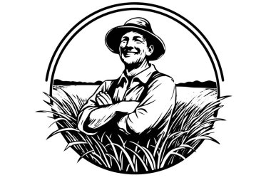 Şapka oymacılığı tarzında mutlu bir çiftçi. El çizimi mürekkep çizimi. Vektör logosu çizimi