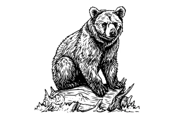 墨水手绘草图 熊坐在原木上 雕版风格的矢量图解 — 图库矢量图片