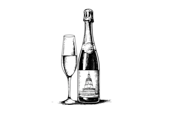 Бутылка Гравировкой Стиле Шампанского Бокала Вина Векторная Иллюстрация Ручной Работы — стоковый вектор